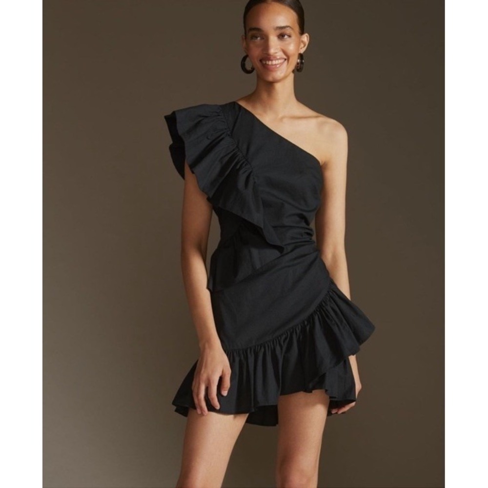MAEVE Black One Shoulder Ruffle Mini Dress 0 Little Black Dress